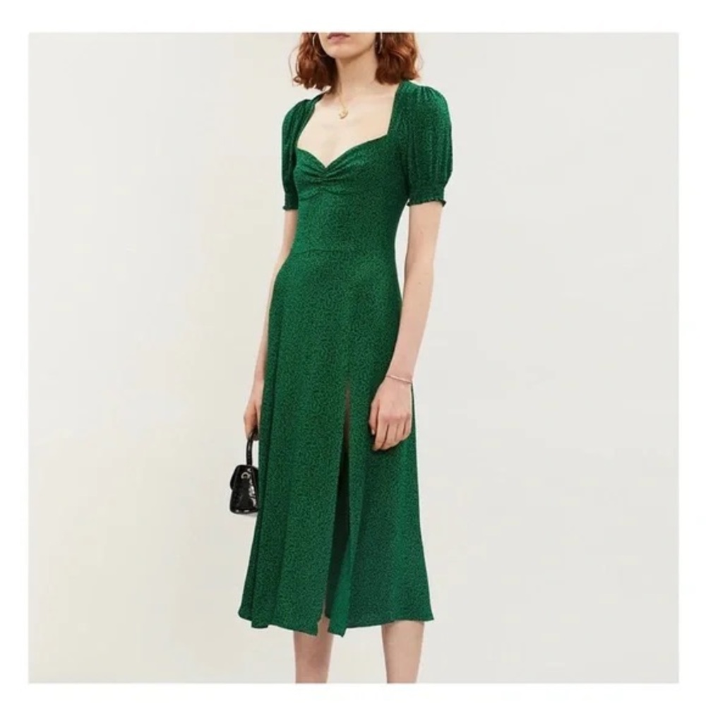 Reformation Midi Lacey Dress Puff Sleeves Green Black Print Size 6 GUC